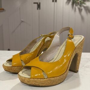 Staccato Yellow Patent Leather Slingback Wedge Sandals, Size EU 37, US 7